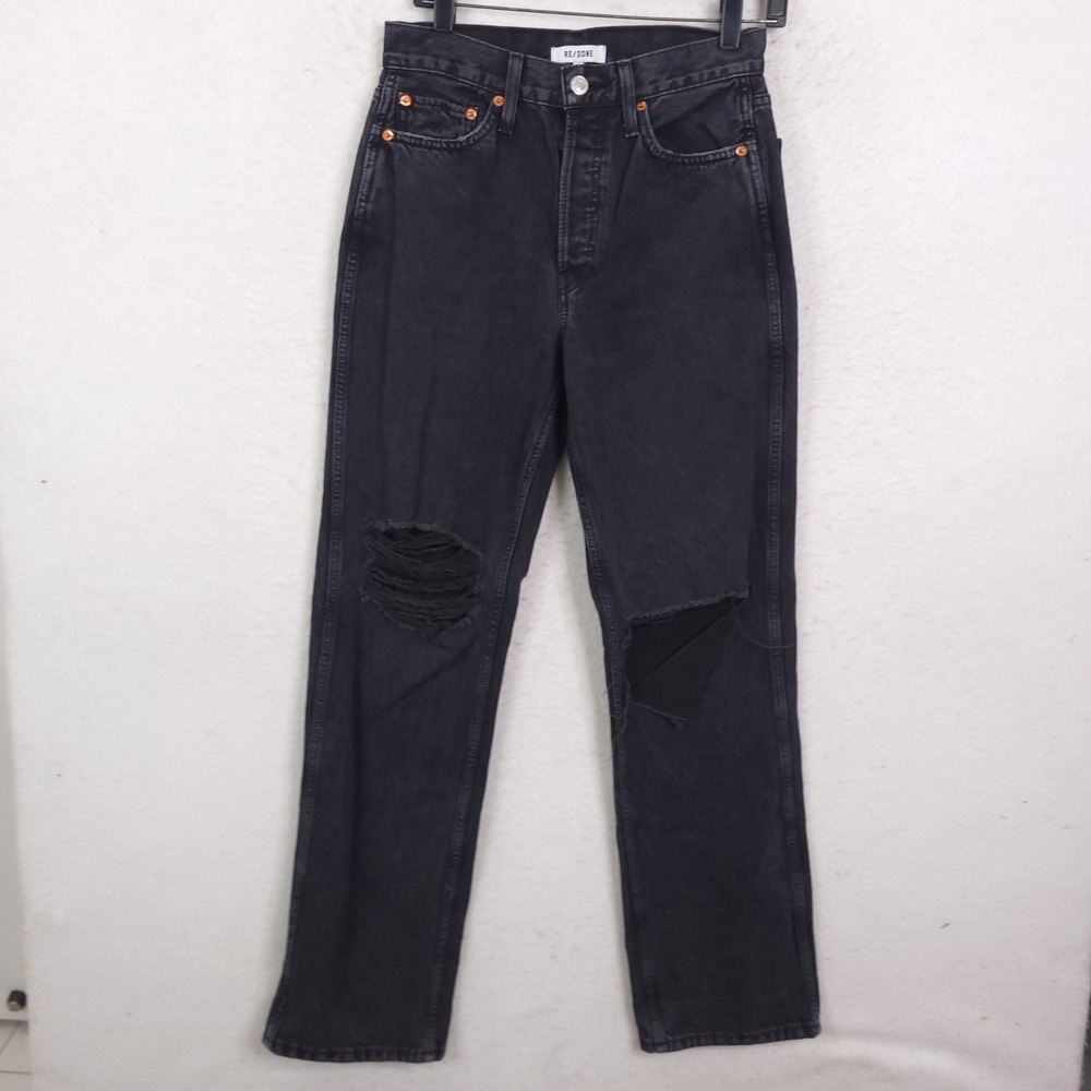 RE/DONE Straight Leg Jeans Womens 26 Washed Black Distressed High Rise 184-3WHRW